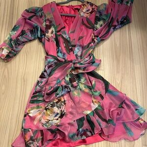 Alex Marie Pink Floral Chiffon Faux Wrap Dress, Long Sleeve, Ruffle, Size 12